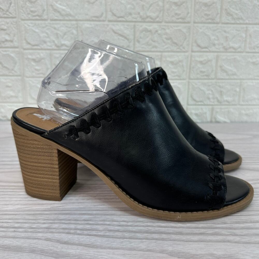 Dolcetta Blaine Sandals SZ 9.5 Open Toe Black Leather Block Heels Slip On Slide
